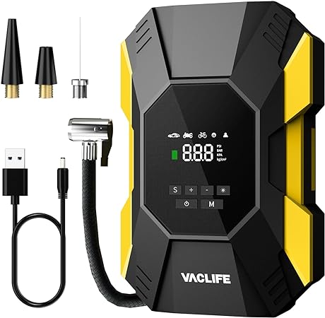 VacLife Tire Inflator Portable Air Compressor - Cordless Rechargeable Air Compressor Portable, Powerful Air Pump for Car Tires & Inflatables, Wireless Bike Pump, Yellow (VL728)