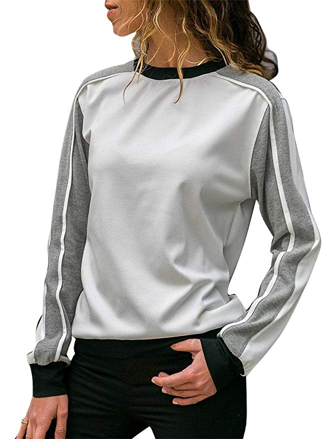 Dokotoo Womens Crewneck Long Sleeve Color Block Sweatshirt Pullover Tops