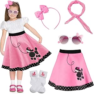 FAYBOX Poodle Skirts 50s Outfit for Girls, 1950s Polka Dot Poodle Skirt Halloween Costume Pink