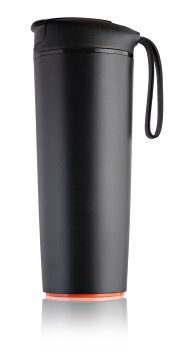 Chekue Unspillable Coffee Cup - 18 Oz. Suction Coffee Mug BPA-Free Tritan Leak Proof Thermos with Tea Strainer and Silicone Handy Strap, Black