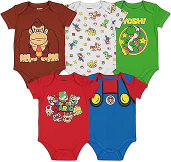 Super Mario Nintendo Donkey Kong Yoshi Mario Lugi Bowser Toad 5 Pack Short Sleeve Bodysuits Newborn to Infant