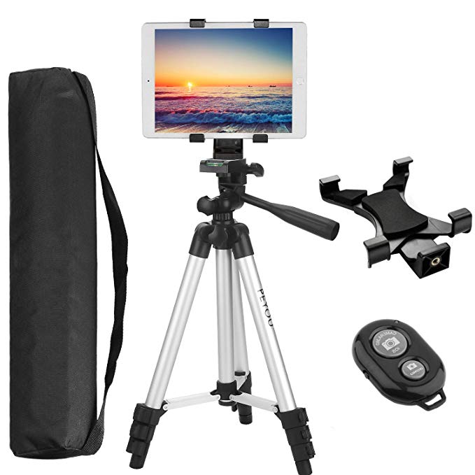 PEMOTech Tripod for Tablet, 42" Inch Aluminum Camera Tripod Tablet Holder Mount Bluetooth Remote Shutter Compatible for iPad 2 3 4 iPad Air, Air 2 iPad 9.7/Pro 9.7 iPad Kindle Samsung Tab Under 7"-9"