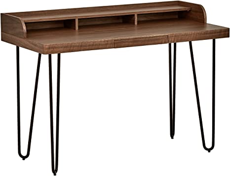 Amazon Brand - Rivet Hairpin Wood & Metal Desk with 3-Storage Compartments, 56 x 120 x 78cm, MDF with Walnut Veneer/Black Metal Legs