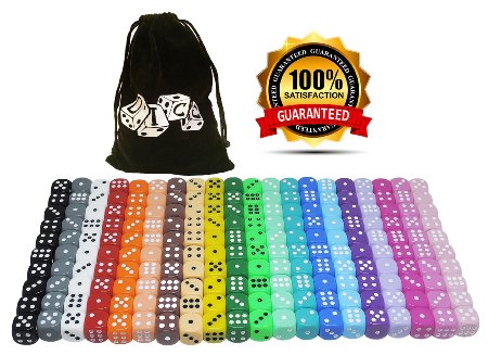 200 Dice Set, 20 Different Colors, 10 Dice Of Each Color, 16mm D6 High Quality Acrylic Dice, FREE Velvet Carry Bag, Great For Games Like: Tenzi, Farkel, Yahtzee, Bunco Or Teaching Math