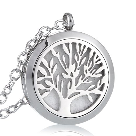 URPOWER Essential Oil Diffuser Necklace, Tree of Life Aromatherapy Diffuser Aromatherapy Essential Oil Diffuser Necklace Stainless Steel Locket Pendant Necklace Pendant with 24" Chain 10 Refill Pads