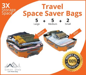 *12 Pack* PREMIUM Travel Space Saver Bags. No Vacuum Needed. 5 Large, 5 Medium & 2 Small bags. Sized for Carry-on and Check-in bags