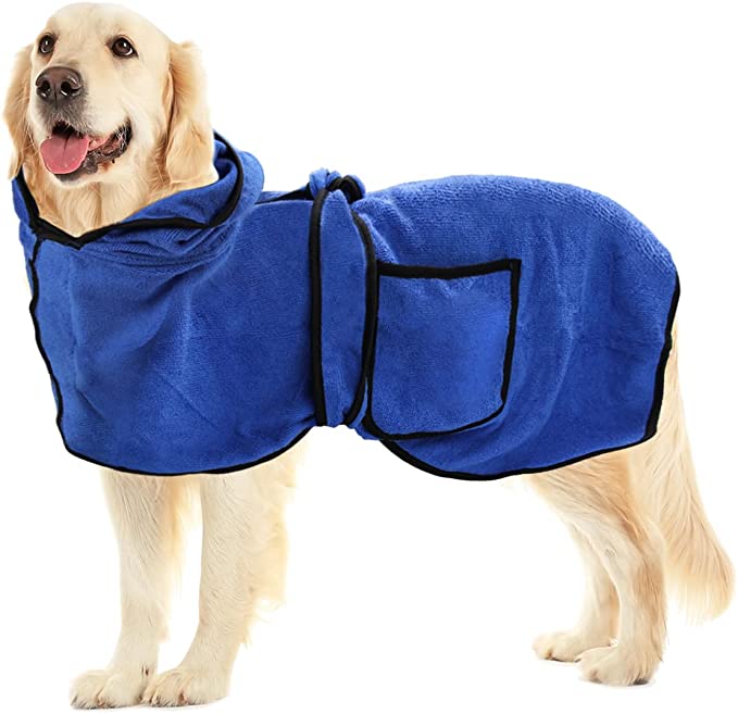 COITEK Dog Bathrobe Towel with Double Pocket, Wearable Dog Robe Soft Pet Towel Super Absorbent Fast Drying Dog Bath Robe with Hat and Belt