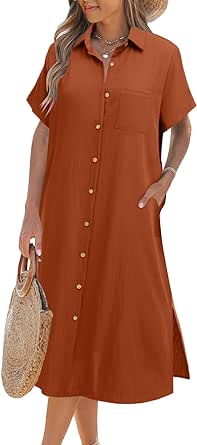 Zeagoo Womens Dress Summer Casual Short Sleeve Button Down Shirt Dress Beach Cover Up Dress with Pockets