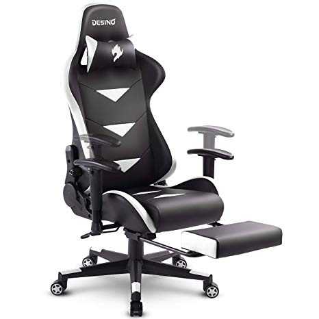 DESINO Gaming Chair Racing Style High Back Computer Chair Swivel Ergonomic Executive Office Leather Chair with Footrest, Adjustable Armrests and Lambar Support (White)