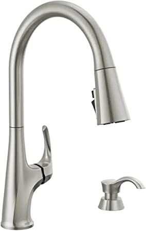 Delta 19801Z-SPSD-DST Hyde Single-Handle Pull Down Sprayer Kitchen Faucet with ShieldSpray Technology in SpotShield Stainless (Soap Dispenser and Deck Plate Included)