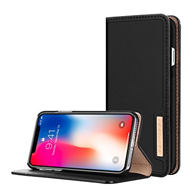 iPhone X Case, iPhone X Cover, BENTOBEN Premium Genuine Leather Wallet Card Holder Slots Folio Flip Wallet Cover Kickstand Magnetic Snap Closure For iPhone X (5.8")2017, Black