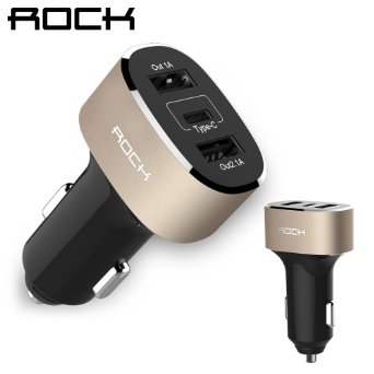 [USB Type-C Car Charger Adapter] Rock® 5V/5A Quick Charge 2 USB   1 Type-C Outputs For Apple MacBook 12", Nokia N1, Nexus 5X 6P, Lumia 950/950XL, iPhone 6s/6s Plus/SE, Galaxy S7 Edge and More - Gold