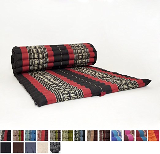 Leewadee Roll Up Thai Mattress, 79x30x2 inches, Kapok Fabric, Black Red, Premium Double Stitched