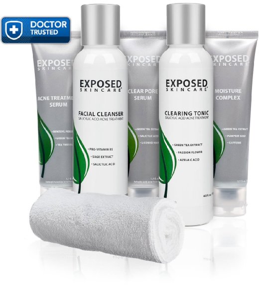 Exposed Acne Treatment Expanded Kit -- The TOP Acne Treatment for Men and Women Facial Treatment with Benzoyl Peroxide Salicylic Acid and Natural Ingredients - Works for Normal Sensitive and Oily Skin Clearer Smoother Skin 100 Guaranteed