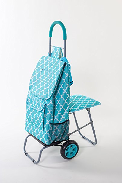 Trolley Dolly with Seat, Moroccan Tile Shopping Grocery Foldable Cart Tailgate