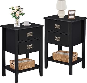 VECELO Nightstands Set of 2 End/Side Tables for Living Room Bedroom Bedside, Vintage Accent Furniture Small Space, Solid Wood Legs, Two Drawers, Dark Black