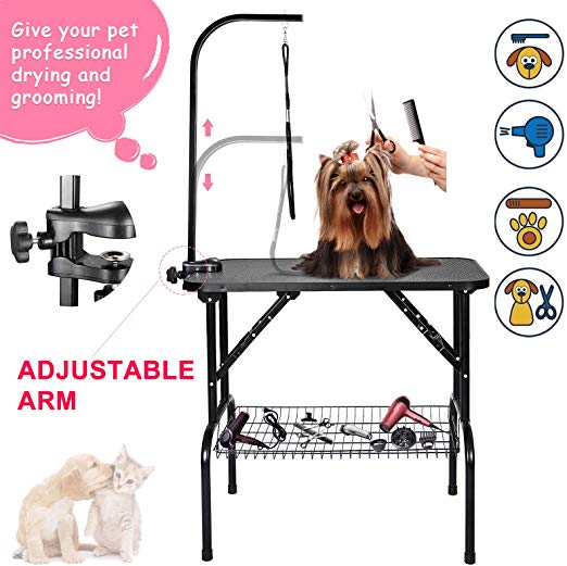Nova Microdermabrasion 32 Inches Pet Dog Grooming Table Portable Drying Table Non-Slip Top w/Adjustable Arm, Mesh Tray for Small Dog and Cats