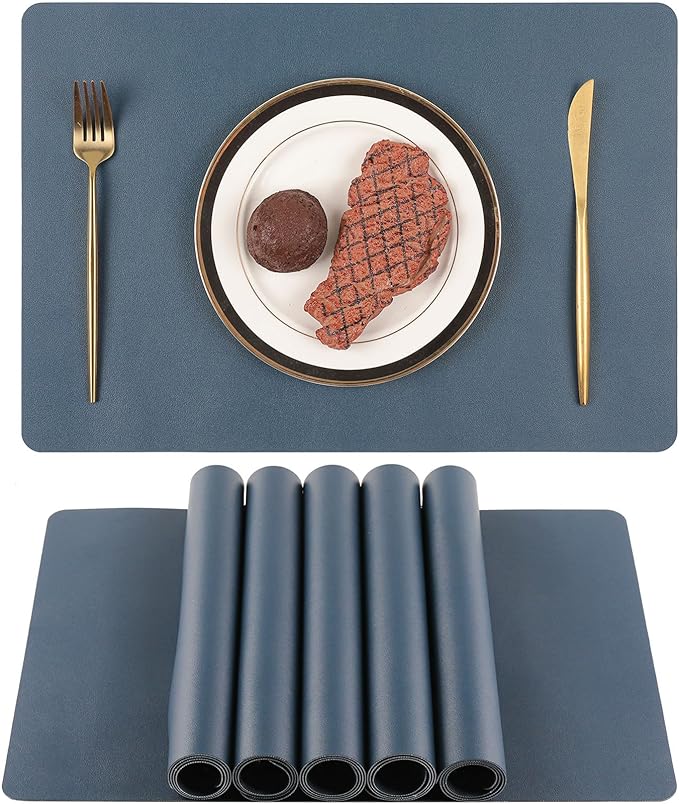SHACOS Blue Faux Leather Placemats Set of 6 Non Slip Wipeable Table Mats Waterproof Heat Resistant Place Mats for Kids Kitchen Dining Coffee Table