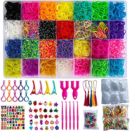 11100  Rainbow Rubber Band Refill Kit, 10200  Loom Bands in 28 Colors 600 Clips 200 Beads 52 ABC Beads 30 Charms 10 Backpack Hooks 5 Tassels 5 Crochet Hooks 4 Hair Clips and 5 ABC & Number Stickers