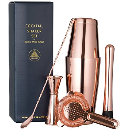 Copper Plated Boston Cocktail Shaker Bar Set: 18oz & 28oz Shaker Tins, Hawthorne Cocktail Strainer, Double Jigger (0.5oz - 2oz), 12'' Mixing Spoon, 7'' Drink Muddler w/ Recipes and Greeting Card