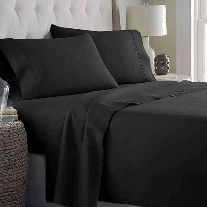 Marina Decoration 600 Thread Count Ultra Soft Deep Pocket Hotel Standard Solid Long Staple Cotton All Season 4 Pieces Sheet Set with 2 Pillowcases, Black Color Queen Size