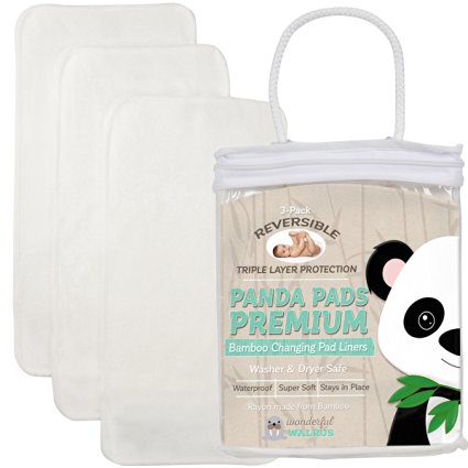 PANDA PADS PREMIUM REVERSIBLE 3-PACK, Bamboo Changing Pad Liners. Special NO-SLIP 3-Layer Design, Ultra Soft & Absorbent, Waterproof, Machine Wash & Dry, Antibacterial & Hypoallergenic. Great Gift!