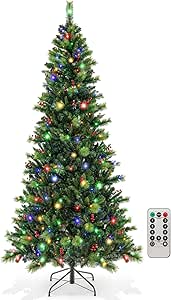 Goplus 8ft Pre-Lit Artificial Christmas Tree, Hinged Xmas Tree with 1272 PVC & Pine Needles Branch Tips, 500 Multi-Color & Warm-White LED Lights, 9 Lighting Modes, Timer, for Holiday Home Office Decor