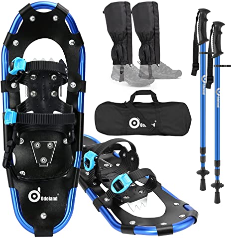 Odoland 4-in-1 Snowshoes for Men Women Youth Kids with Trekking Poles, Waterproof Snow Leg Gaiters and Carrying Tote Bag, Lightweight Snow Shoes Easy to Wear Aluminum Alloy, Size 21''/25''/30''