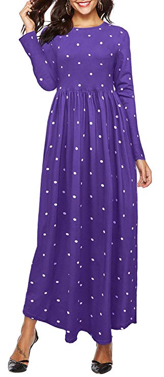Oyanus Womens Dresses Round Neck Long Sleeve Polka Dot Pleated Loose Casual Swing Long Maxi Dress with Pocket