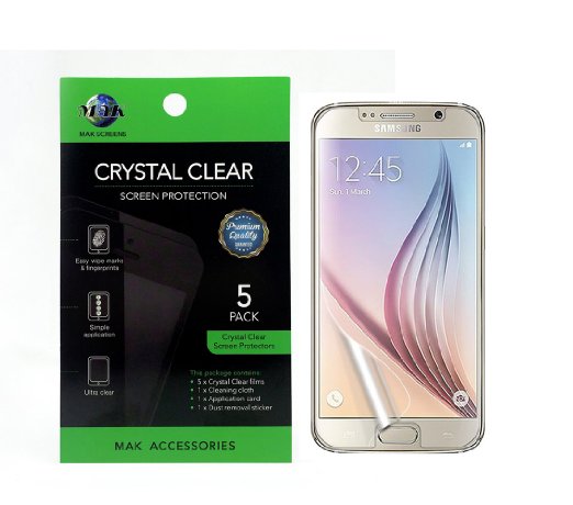 MAK - SAMSUNG GALAXY S6 Premium HD Clear Version Screen Protector (PACK OF 5) Retail Packed - Includes MAK Microfiber Cleaning Cloth and MAK Application Card (S6 Premium HD Clear)