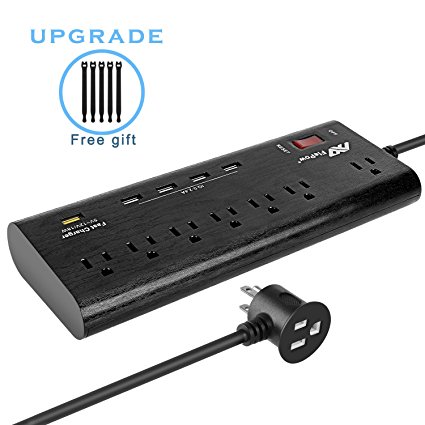 Surge protector, FlePow 7 AC Outlets Surge Protector Power Strip 1625W/13A with 5 Smart USB Charging Ports 40W/8A, Supports Fast Charger, Unique Pass-through Plug 5.9ft Black