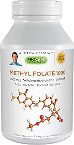 ANDREW LESSMAN Methyl Folate 1000-60 Capsules - 1000 mcg L-Methyl Folate, Potent Levels of Essential Vitamin B9. Supports Healthy Heart, Brain, Immune and Pregnancy. Easy to Swallow Capsules