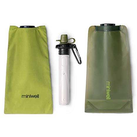 miniwell Collapsible Water Filter Bottle Personal 2- Stage Filtration System, Long Lasting Odor Free Water for Camping, Hiking, Travel and Survival.