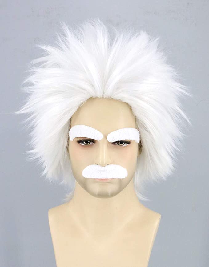 Topcosplay Mad Scientist Wig and Moustache Eyebrows Short White Halloween Costume Cosplay Wigs