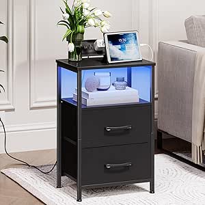 HOOBRO Nightstand with Charging Station, Bedside Table with LED Lights and 2 Fabric Drawers, End Table with Outlets and USB Ports, Small Night Stand for Bedroom, Black BB118UDBZ01