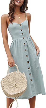 Angashion Women's Dresses-Summer Floral Bohemian Adjustable Spaghetti Strap Button Down Swing Midi Dress with Pockets