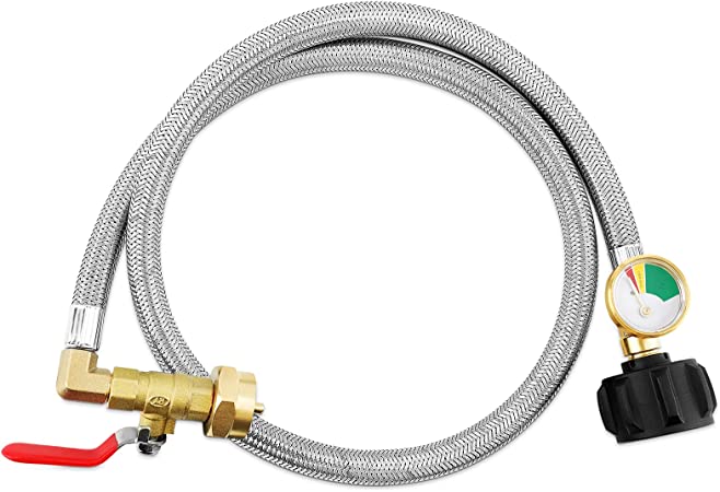 Welltop Propane Refill Adapter Hose, Upgraded Stainless Braided 36" QCC1 Type Inlet Extension Propane Refill Hose with Gauge Shutoff Valve for 1 LB Propane Gas Tank 350PSI High Pressure Camping Grill