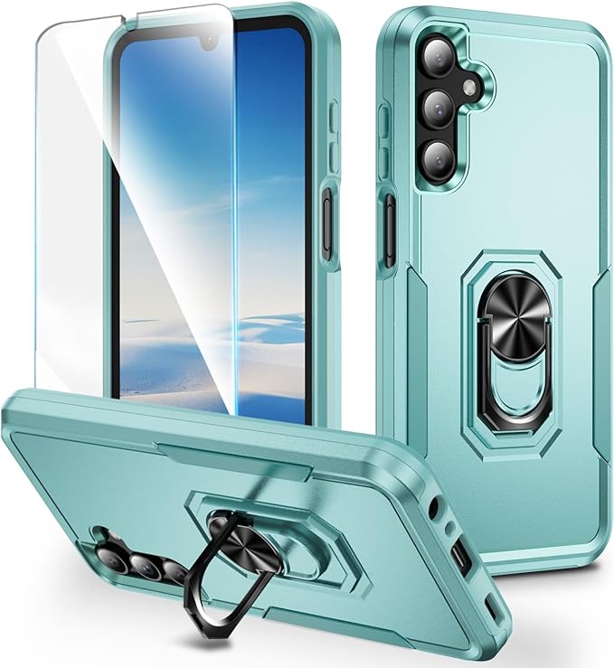 SunRemex for Samsung Galaxy A15 5G Case with HD Screen Protector,Samsung A15 5G Phone Case Built in Rotatable Metal Ring Holder Kickstand for Samsung A15 (Pale Green)