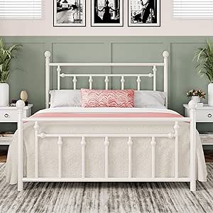 Allewie 14 Inch Full Size Metal Platform Bed Frame with Victorian Vintage Headboard and Footboard/Mattress Foundation/Under Bed Storage/No Box Spring Needed/Easy Assembly/Noise-Free/White