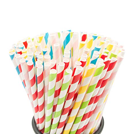 200PCS Stripe Paper Straw Biodegradable Rainbow Drinking Straw for Celebration Parties and Arts Crafts Projects, Multicolor