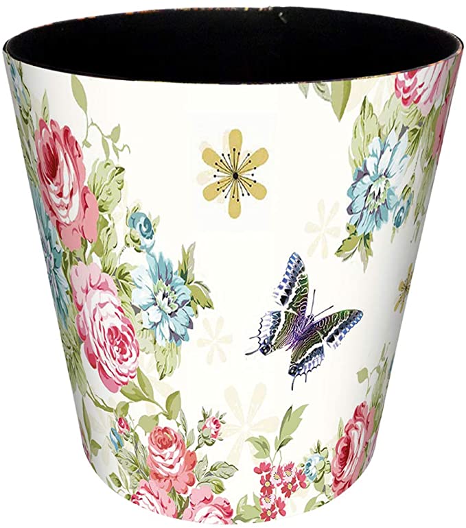 HMANE 10L/2.64 Gallon PU Leather Decorative Trash Can Waterproof Wastebasket Paper Basket Garbage Bin for Home Office Bathroom - Rose and Butterfly 1
