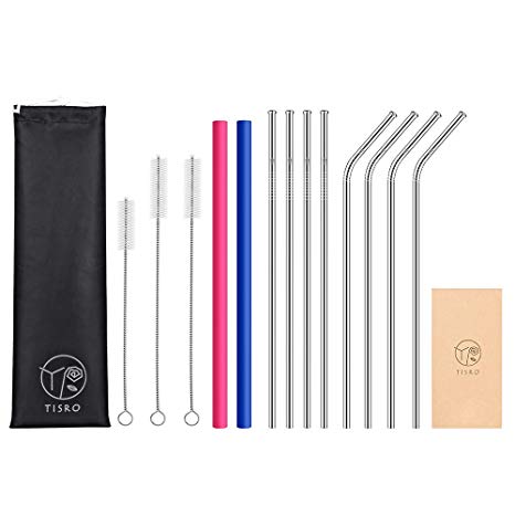 TISRO Reusable Straws, 8 Metal 2 Silicone(BPA Free) Boba/Smoothie Drinking Straws, Highest-Level Patent ''Lip-Safe'' Stainless Steel Straws with Cleaning Brushes and Carry Bag.Black