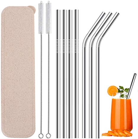 LING-EU Stainless Steel Straws Reusable Drinking Straws With Storage Case Set (Beige, 7 2)