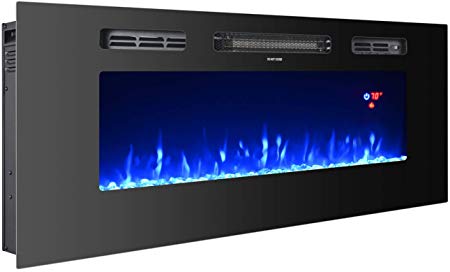 3GPlus 40 Inches Electric Fireplace Wall Recessed Heater Crystal Stone Flame Effect 3 Changeable Color Fireplace, with Remote, 1500 W - Black