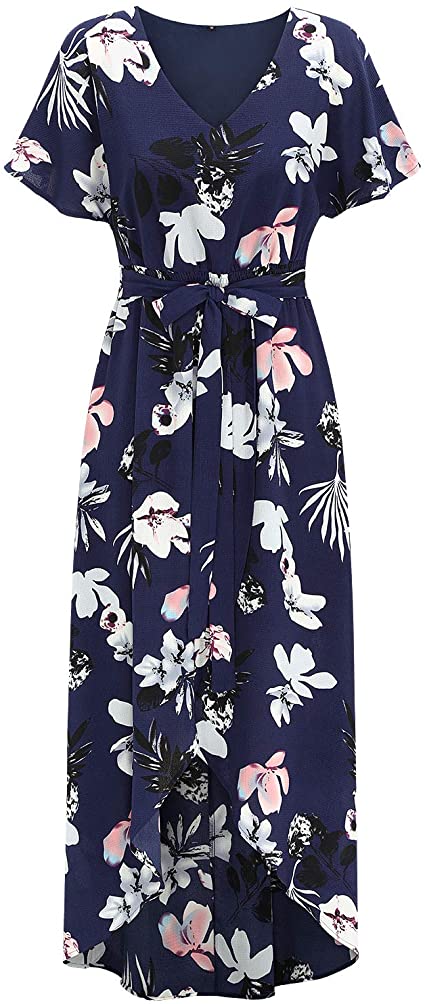 II ININ Women's V Neck Summer Floral Maxi Dresses with Belt Short Sleeve Asymmetrical Casual Sundresses for Beach