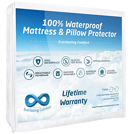 100% Waterproof Mattress Protector and 1 Free Pillow Protector by Everlasting Comfort. Complete Set, Hypoallergenic, Breathable Membrane (Twin)