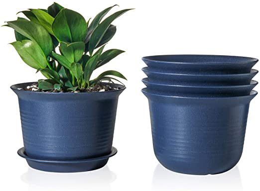 Plastic Pot - POTEY 7 Inch Indoor Planter with Drainage Hole and Trays for All House Plants - 007, Set of 5, Blue