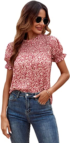 Milumia Women Mock Neck Puff Sleeve Ditsy Floral Print Blouse Shirred Front Work Top