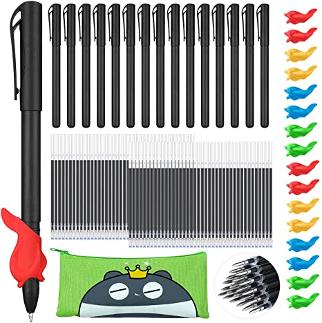 113 Pieces Magic Practice Pen Set, Includes 16 Pen, 80 Refills, 16 Pen Holders, Pencil Case, Auto Disappearing Ink Magic Ballpoint Pen English Version Copybook Reusable for Kids Kindergarten School