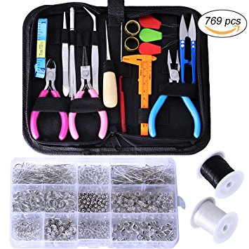 Supla 17 pcs Jewelry Making Tools 2 rolls Elastic Stretch Polyester Crystal String Cord and 750pcs Jewelry Findings for Jewelry Making supplies